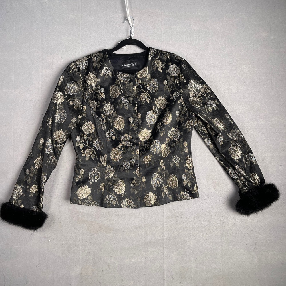 Crimson by‎ Lawrence K Blouse Floral Brocade Faux Fur Cuffs Party Top Size 12